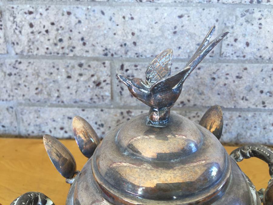 Vintage Silver Sheffield Plate Sugar Bowl and Spoon Holder With Bird Top And Spoons [Photo 5]