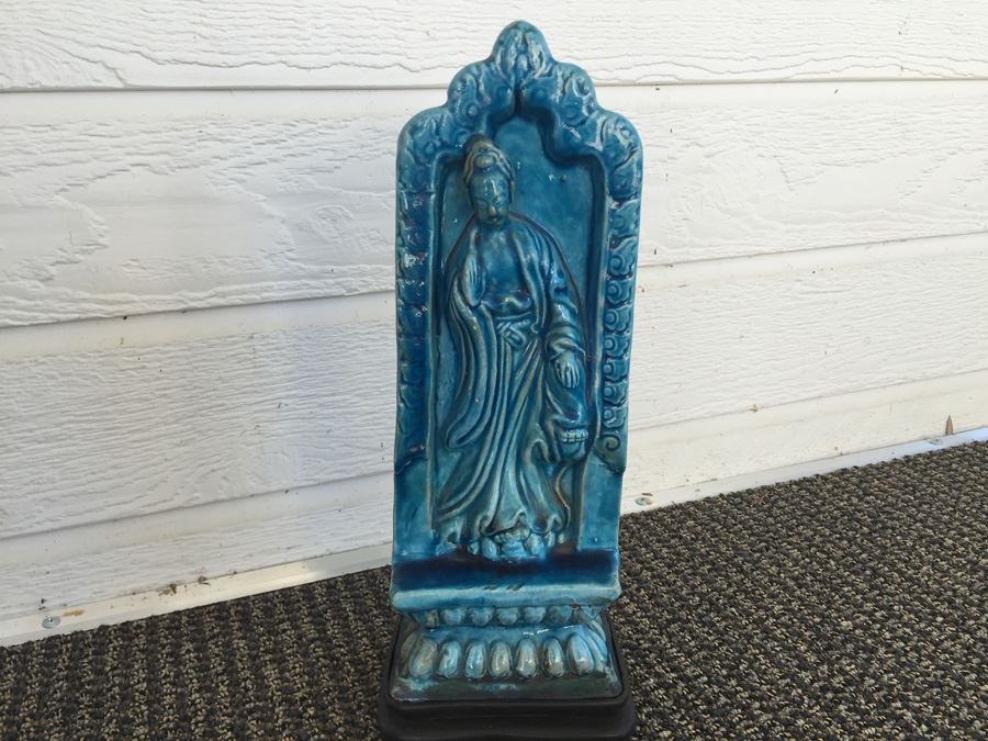 Blue Chinese Pottery Statue With Wooden Stand [Photo 1]