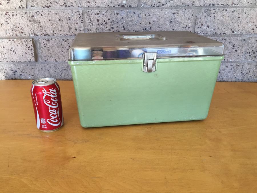 Vintage Green Sewing Case Filled With Sewing Supplies [Photo 1]
