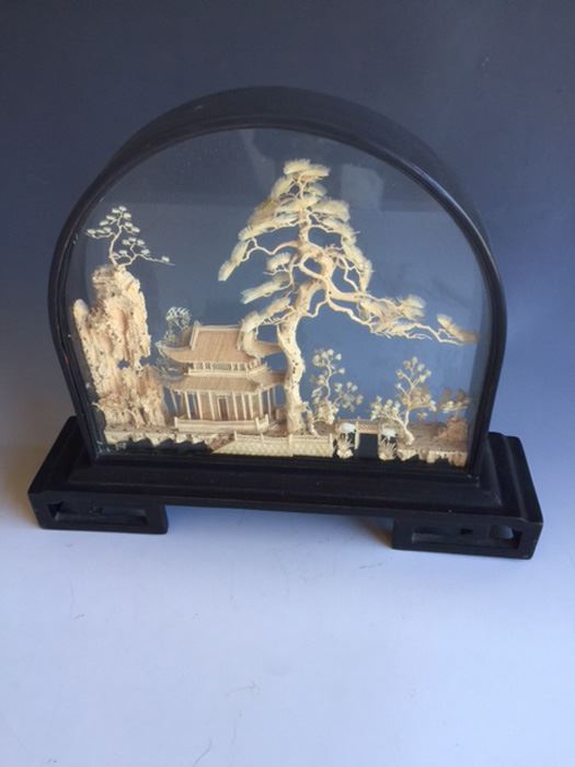 Asian Chinese Cork Sculpture Shadow Box Diorama Black Lacquer Looking Glass [Photo 4]