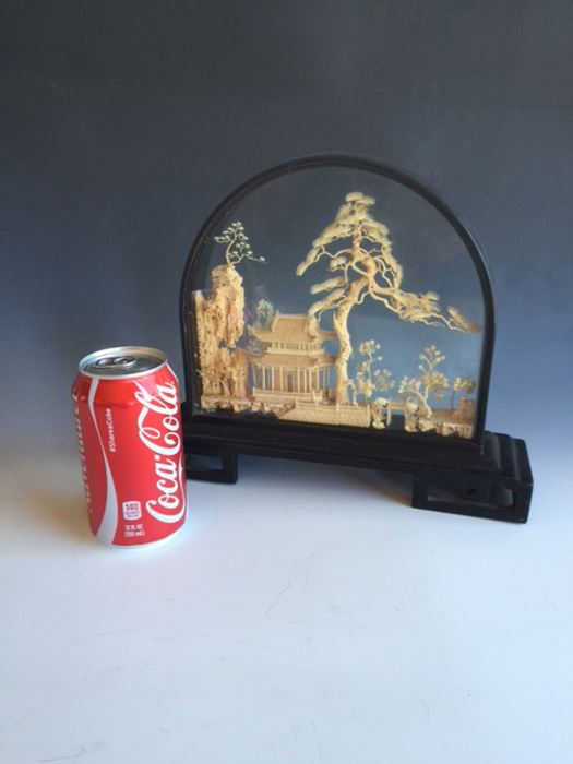 Asian Chinese Cork Sculpture Shadow Box Diorama Black Lacquer Looking Glass