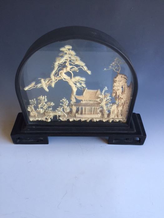 Asian Chinese Cork Sculpture Shadow Box Diorama Black Lacquer Looking Glass [Photo 5]