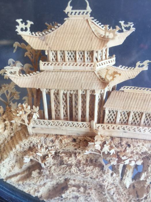 Asian Chinese Cork Sculpture Shadow Box Diorama Black Lacquer Looking Glass [Photo 4]