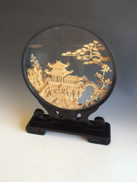 Asian Chinese Cork Sculpture Shadow Box Diorama Black Lacquer Looking Glass