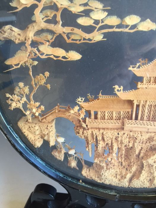 Asian Chinese Cork Sculpture Shadow Box Diorama Black Lacquer Looking Glass [Photo 3]