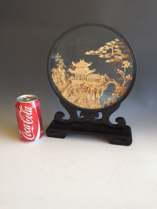 Asian Chinese Cork Sculpture Shadow Box Diorama Black Lacquer Looking Glass [Photo 5]