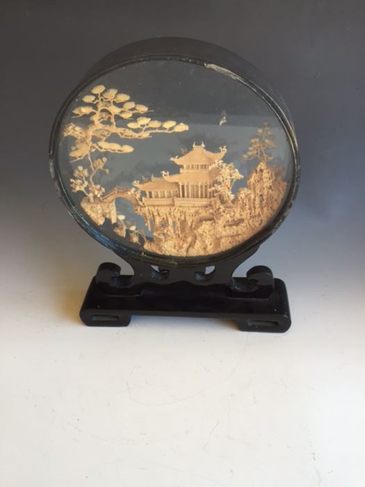Asian Chinese Cork Sculpture Shadow Box Diorama Black Lacquer Looking Glass [Photo 2]
