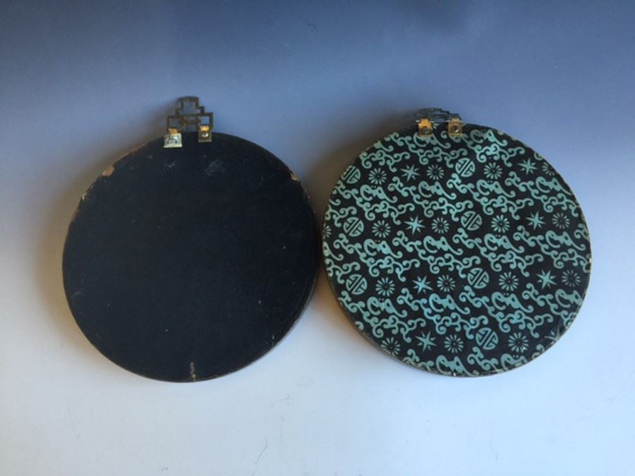 Pair Of Black Vintage Chinese Celluloid Asian Oriental Shadow Box Art Jade & Coral  [Photo 2]