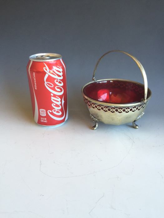 Footed Silver (Plated?) Bowl With Red Glass Liner (No Markings Found)