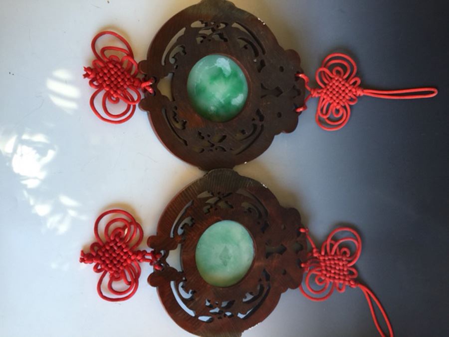 Pair Of Chinese Knotting Faux Jade & Faux Wood Wall Hanging Plaque [Photo 5]