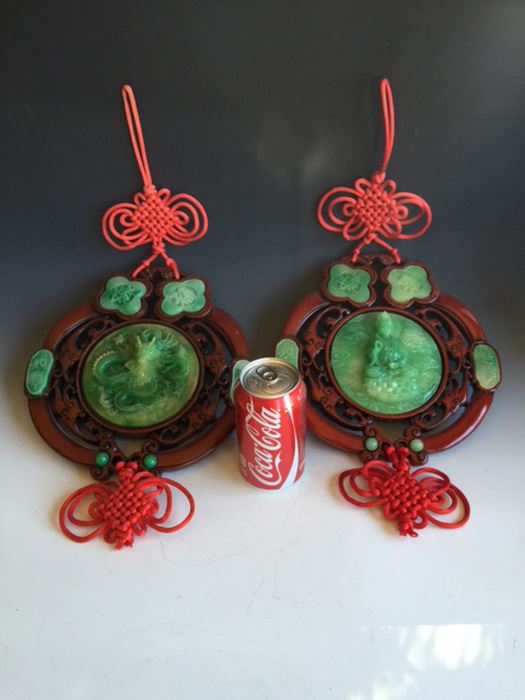 Pair Of Chinese Knotting Faux Jade & Faux Wood Wall Hanging Plaque [Photo 1]