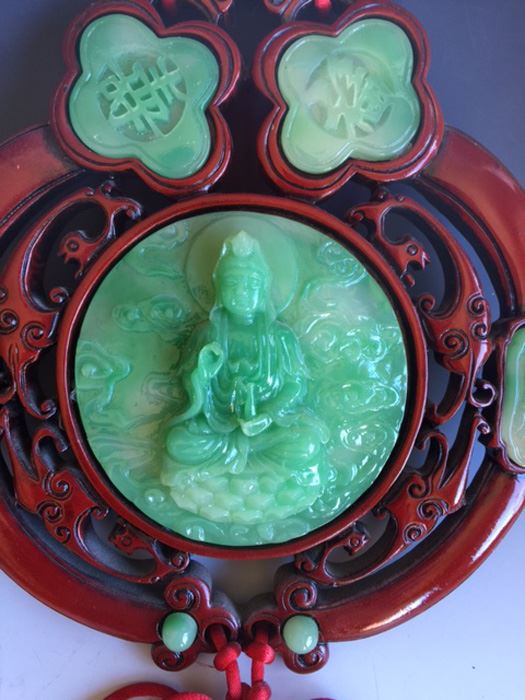 Pair Of Chinese Knotting Faux Jade & Faux Wood Wall Hanging Plaque