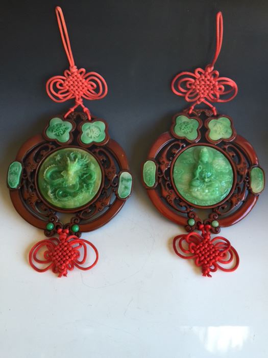 Pair Of Chinese Knotting Faux Jade & Faux Wood Wall Hanging Plaque [Photo 4]