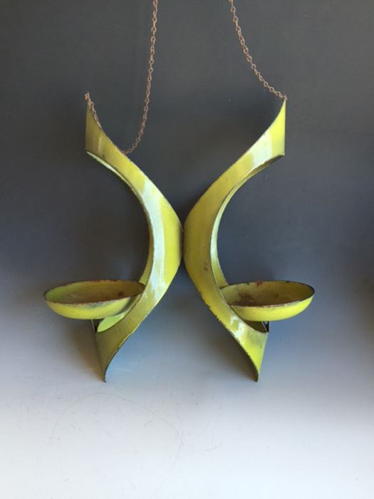 Mid-Century Lime Green Metal Candle Plant Holder Hanger