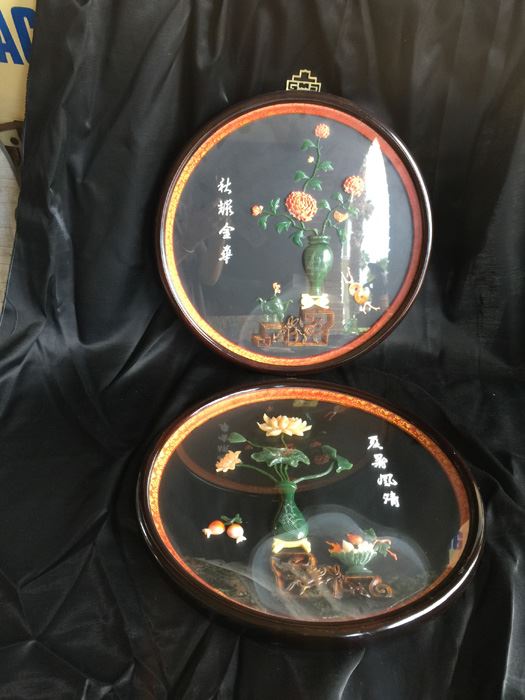 Pair Of Large Black Vintage Chinese Celluloid Asian Oriental Shadow Box Art Jade & Coral [Photo 8]