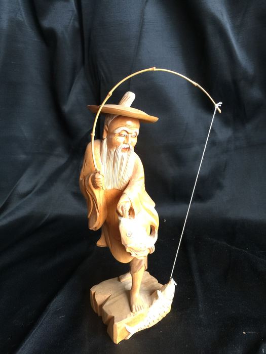 Hand Carved Wooden Chinese Fisherman Figurine [Photo 1]